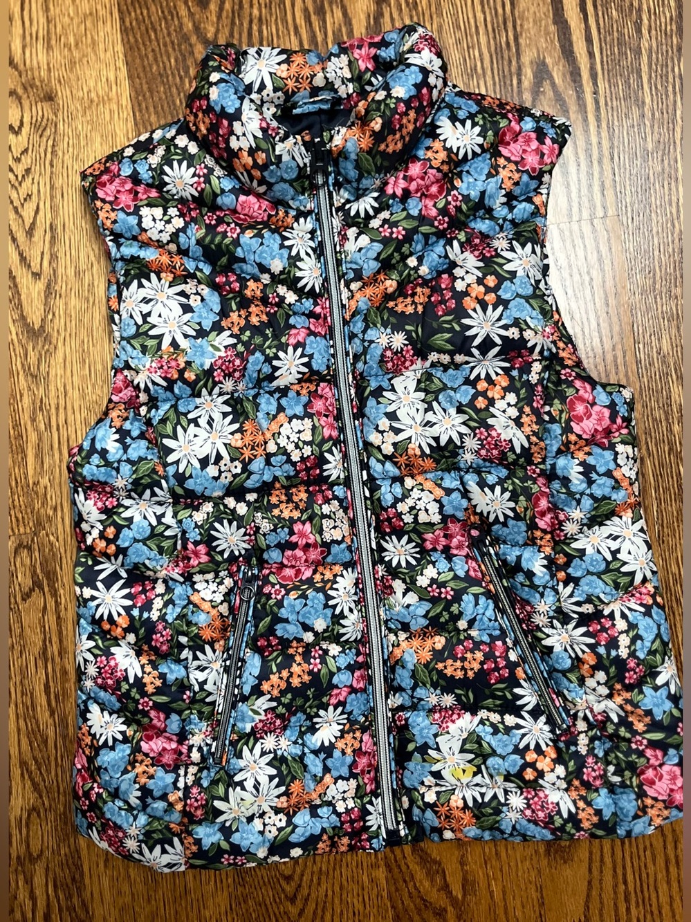 Zara Black Floral Quilted Puffer Vest with Multicolor Blooms